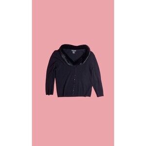 1990s-Y2K. TAKEOUT FAUX FUR Plush Soft Collar Black Cardigan Sweater. S-M